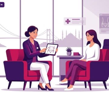 رسم توضيحي عصري يظهر طبيب يشرح تفاصيل عملية شد البطن الكامل في تركيا لمريض داخل عيادة فاخرة بألوان أرجوانية 