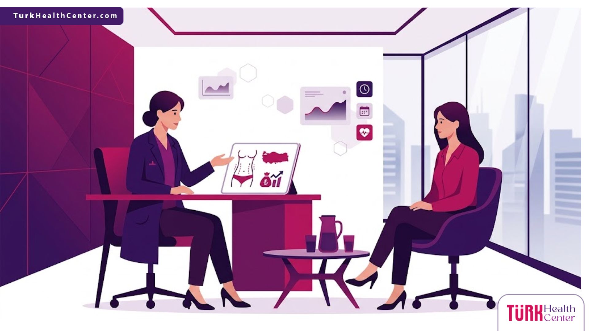 رسوم توضيحية عصرية لطبيب يشرح تفاصيل تكلفة شد البطن في تركيا لمريض داخل عيادة فاخرة 