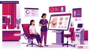 رسوم توضيحية لعيادة طبية حديثة توضح استشارة طبية حول تكلفة شد ترهلات ما بعد الولادة 