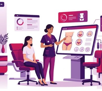 رسوم توضيحية لعيادة طبية حديثة توضح استشارة طبية حول تكلفة شد ترهلات ما بعد الولادة 