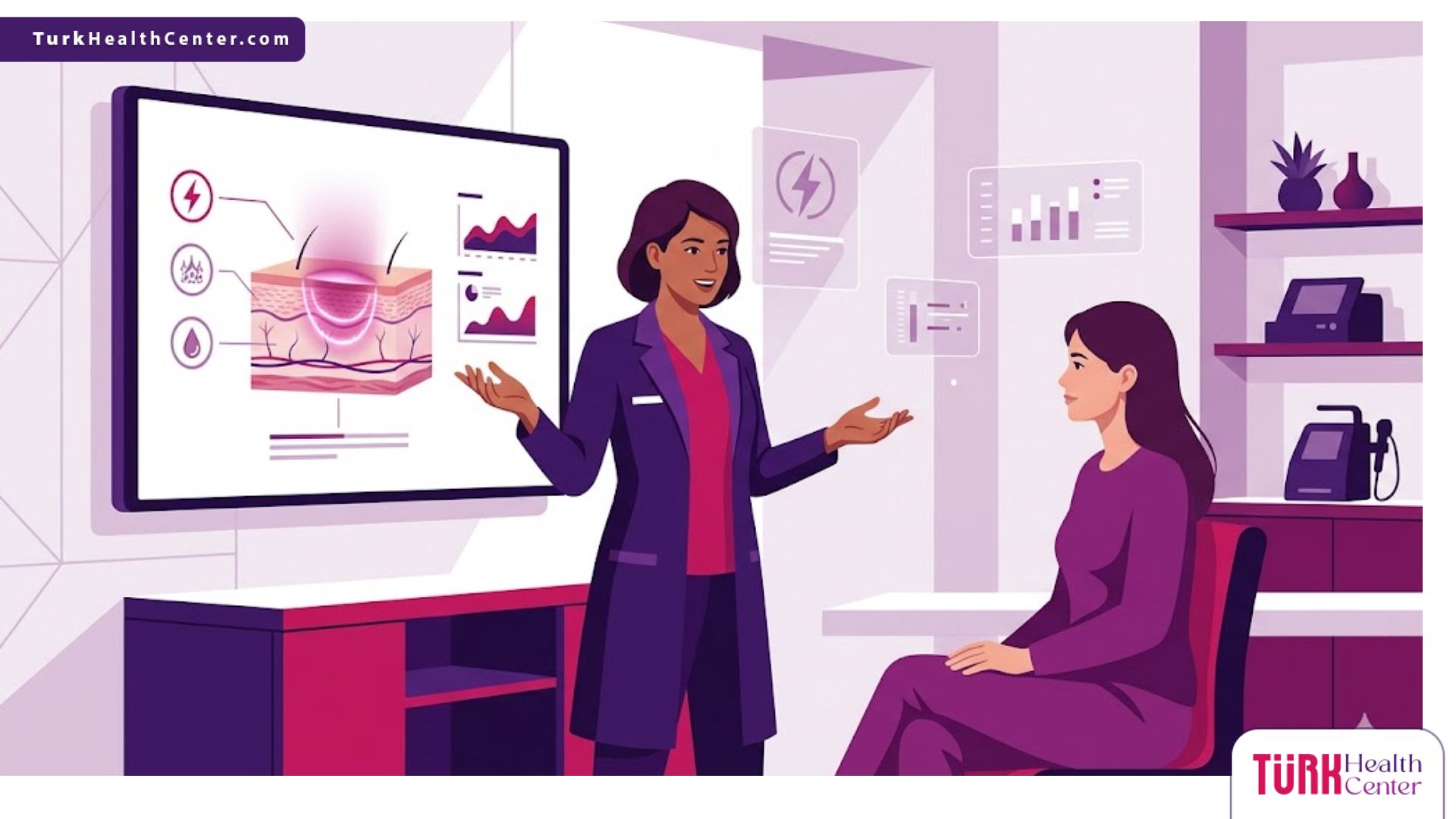 توضيح رسومي راقٍ يشرح إجراءات تكلفة جي بلازما J Plasma داخل عيادة طبية حديثة 