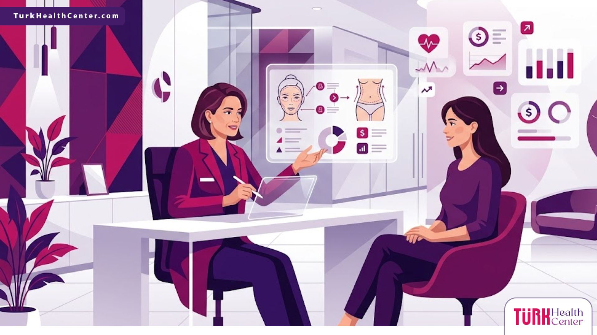 رسم توضيحي احترافي يوضح استشارة طبية حول تكلفة شد الثدي بعد الرضاعة في عيادة تجميل فاخرة 