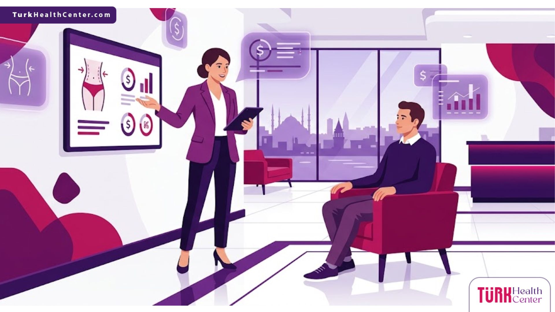 رسم توضيحي يظهر طبيباً يشرح تكلفة شد الجسم في تركيا للمريض داخل عيادة فاخرة بأسلوب فيكتور حديث 