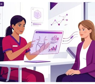 رسوم توضيحية فاخرة لطبيب يشرح تكلفة جراحة شد الترهلات لمريض داخل عيادة عصرية بتصميم هندسي 