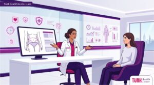 رسم توضيحي عصري يظهر طبيباً يشرح عملية شد الجسم الحزامي في تركيا لمريض داخل عيادة فاخرة 