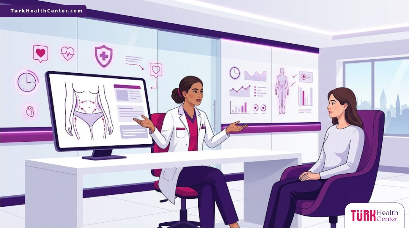 رسم توضيحي عصري يظهر طبيباً يشرح عملية شد الجسم الحزامي في تركيا لمريض داخل عيادة فاخرة 