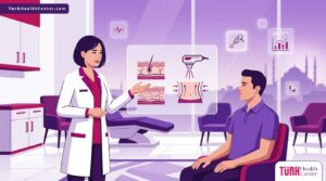 رسم توضيحي عصري يظهر طبيب يشرح عملية شد الجسم بالليزر في تركيا لمريض داخل عيادة فاخرة 