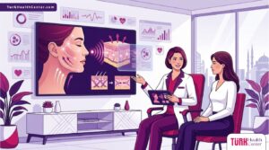 رسم توضيحي عصري يظهر طبيب يشرح عملية شد الوجه بالتردد الحراري في تركيا لمريضة في عيادة فاخرة 