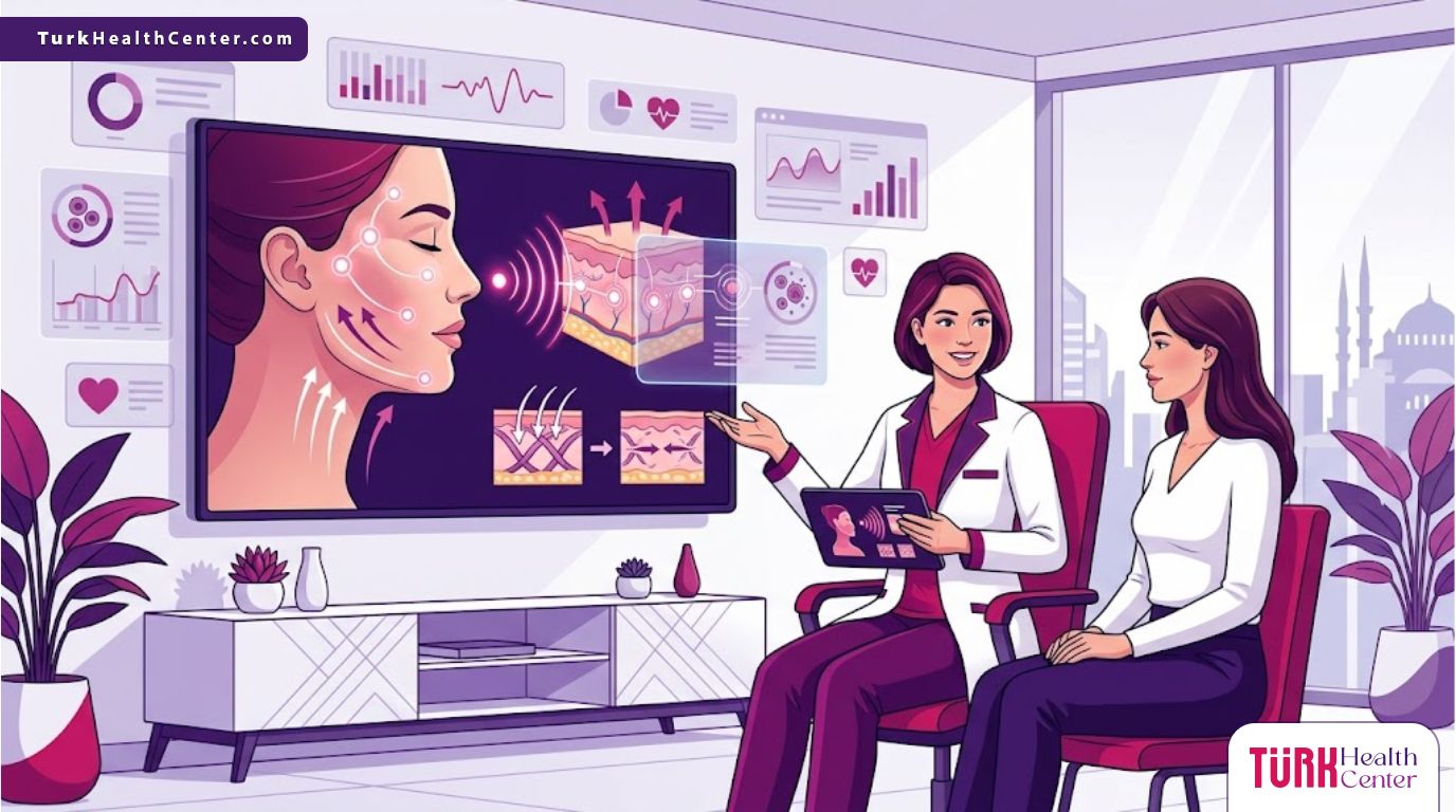 رسم توضيحي عصري يظهر طبيب يشرح عملية شد الوجه بالتردد الحراري في تركيا لمريضة في عيادة فاخرة 