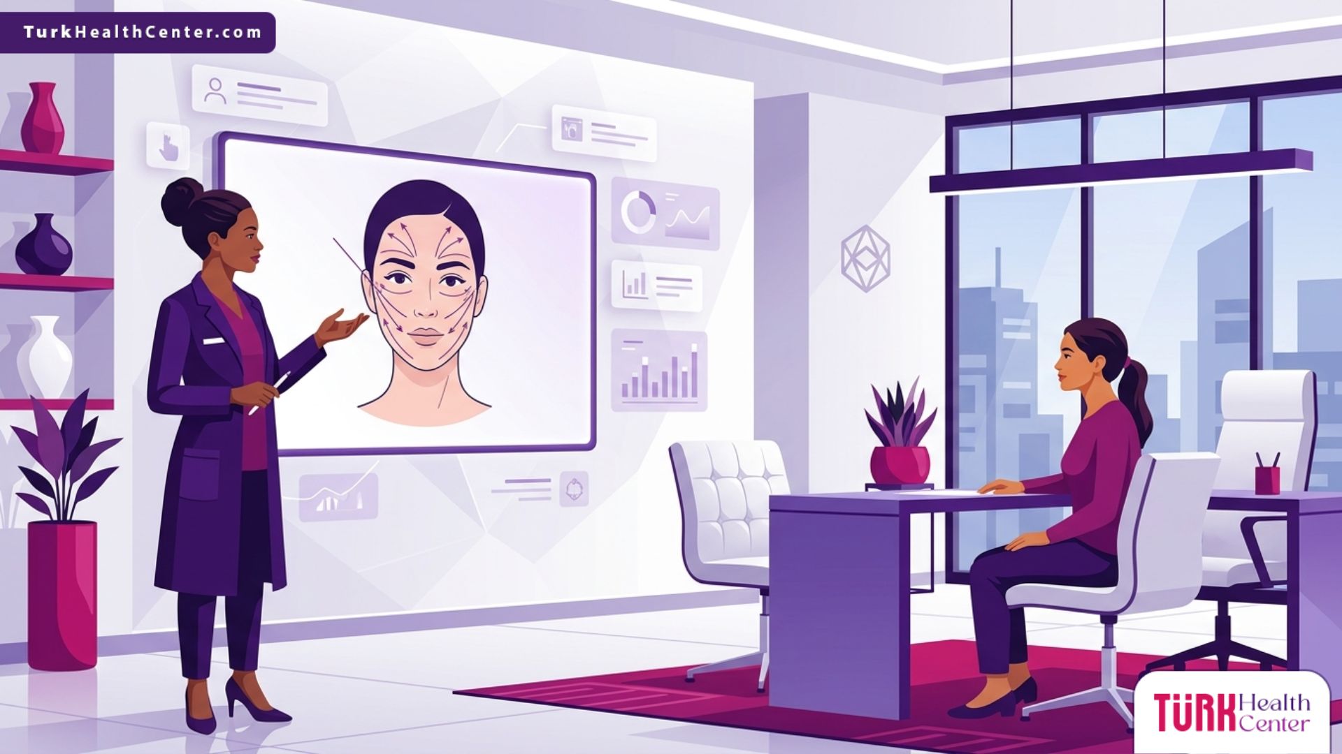 طبيب يشرح تفاصيل إجراء شد الوجه بالخيوط الكورية في تركيا لمريضة داخل عيادة تجميل فخمة 