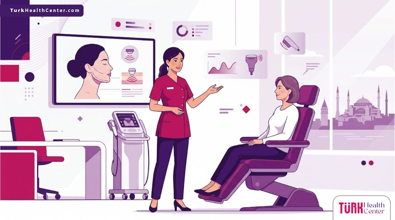 رسوم توضيحية لعيادة تجميل تشرح عملية شد الوجه بالهايفو في تركيا بألوان فاخرة 