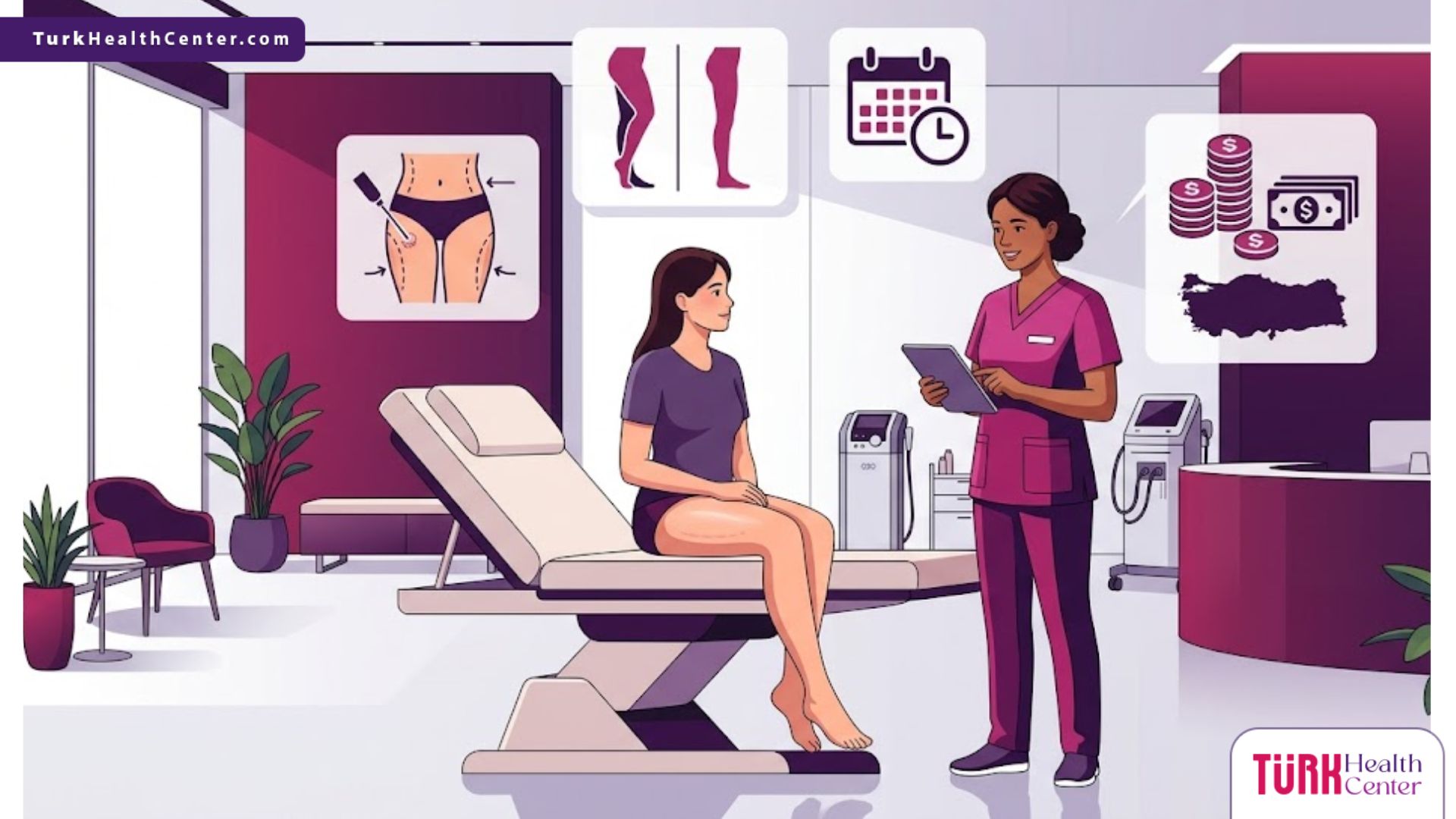 رسوم توضيحية لعيادة تجميل تشرح إجراءات تكلفة شفط دهون الفخذين في تركيا 