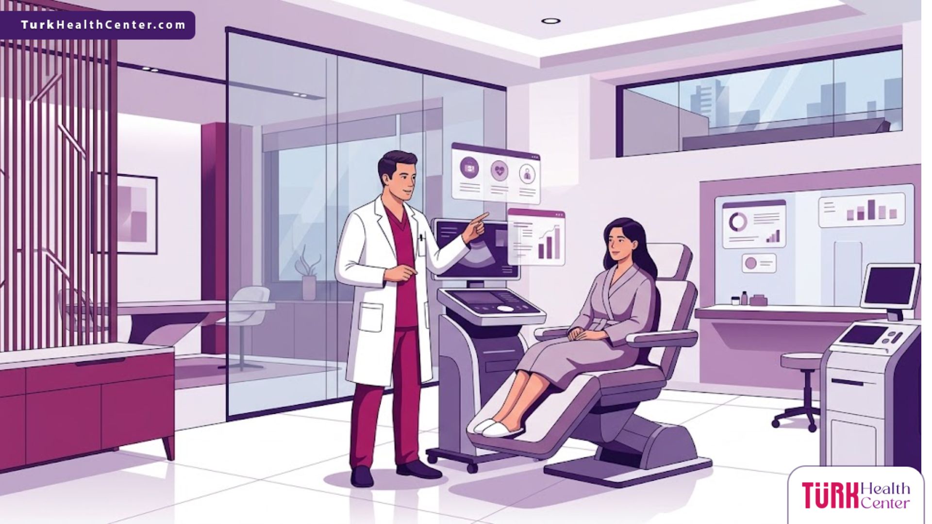 رسم توضيحي طبي يشرح مخاطر شفط الدهون بالموجات فوق الصوتية في عيادة تجميل حديثة