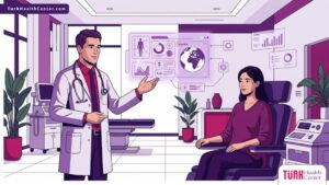 رسم توضيحي لطبيب يشرح للمريض كم تكلفة زراعة القرنية في تركيا؟ داخل عيادة فاخرة بألوان أرجوانية عصرية 