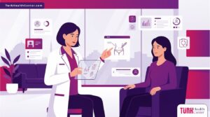 رسم توضيحي يظهر طبيب يشرح عملية شفط الدهون مع الحقن في تركيا داخل عيادة فاخرة بأسلوب فيكتور عصري 