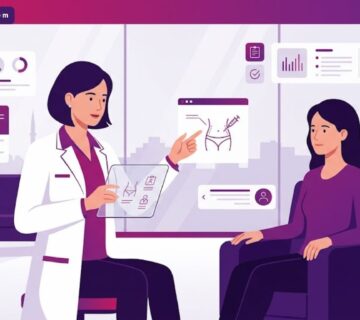 رسم توضيحي يظهر طبيب يشرح عملية شفط الدهون مع الحقن في تركيا داخل عيادة فاخرة بأسلوب فيكتور عصري 