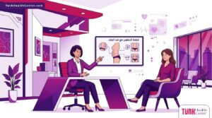 رسم توضيحي عصري يظهر طبيب يشرح عملية شفط الدهون مع شد الجلد لمريض في عيادة فاخرة بألوان أرجوانية ملكية 