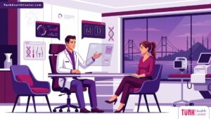 رسم توضيحي فني يمثل استشارة طبية في عيادة فاخرة حول شفط دهون الأرداف في تركيا