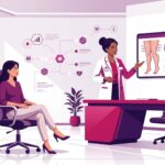 رسم توضيحي يظهر طبيب يشرح تفاصيل إجراء شفط دهون الأفخاذ في تركيا لمريضة في عيادة تجميل حديثة 