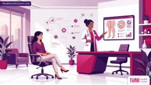 رسم توضيحي يظهر طبيب يشرح تفاصيل إجراء شفط دهون الأفخاذ في تركيا لمريضة في عيادة تجميل حديثة 