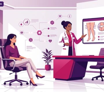 رسم توضيحي يظهر طبيب يشرح تفاصيل إجراء شفط دهون الأفخاذ في تركيا لمريضة في عيادة تجميل حديثة 