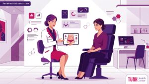 طبيب متخصص يشرح تفاصيل وإجراءات شفط دهون البطن في تركيا لمريض داخل عيادة طبية حديثة وفاخرة 