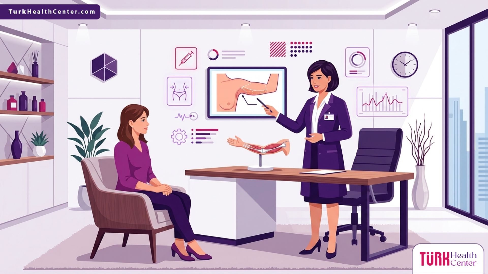 رسم توضيحي لعيادة طبية فاخرة يشرح فيها الطبيب إجراءات شفط دهون الذراعين في تركيا للمريض بأسلوب احترافي ومريح 