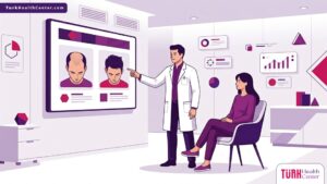 رسم توضيحي لعيادة طبية فاخرة يشرح تفاصيل صور بعد زراعة الشعر 