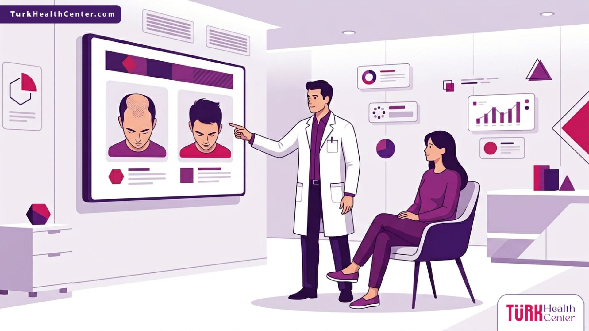 رسم توضيحي لعيادة طبية فاخرة يشرح تفاصيل صور بعد زراعة الشعر 