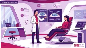 رسم توضيحي يظهر دكتور متخصص في الفيمتو سمايل في تركيا يشرح تقنية تصحيح النظر للمريض داخل عيادة عصرية 