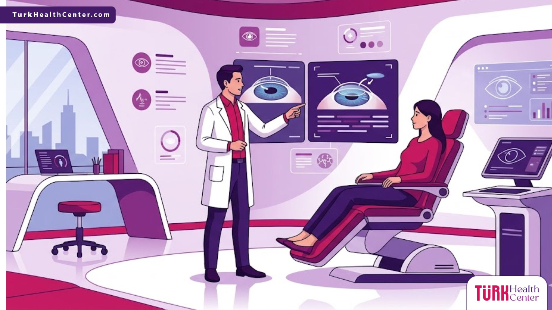 رسم توضيحي يظهر دكتور متخصص في الفيمتو سمايل في تركيا يشرح تقنية تصحيح النظر للمريض داخل عيادة عصرية