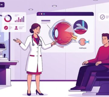 رسم توضيحي عصري لعيادة عيون في تركيا يوضح استشارة طبية حول كم سعر عملية الليزك اليوم في تركيا؟