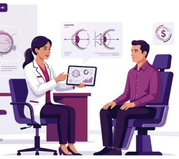 رسم توضيحي يظهر طبيب عيون يشرح تفاصيل سعر عملية الحول للكبار في تركيا لمريض داخل عيادة فاخرة 