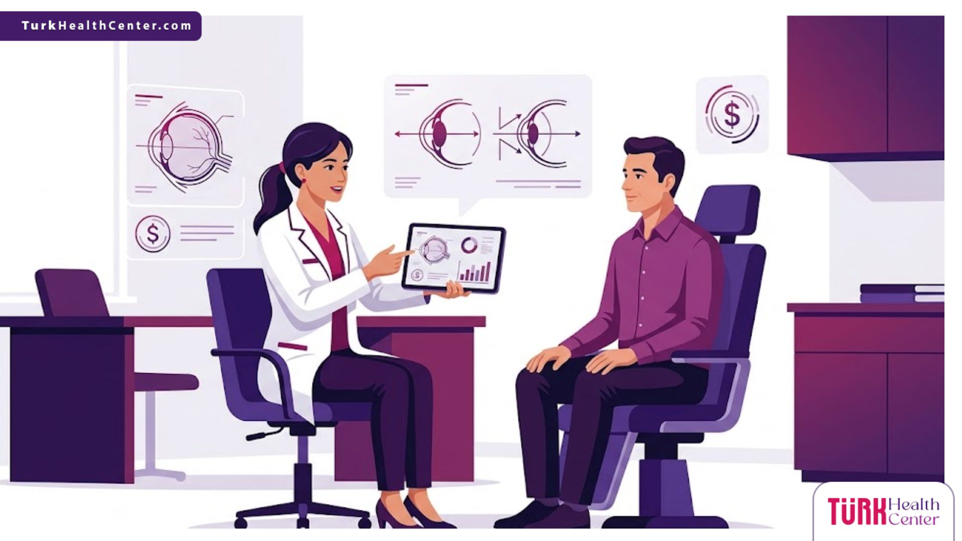رسم توضيحي يظهر طبيب عيون يشرح تفاصيل سعر عملية الحول للكبار في تركيا لمريض داخل عيادة فاخرة 