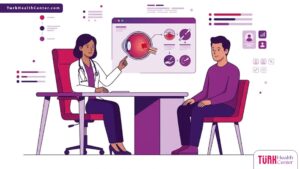 رسم توضيحي يظهر طبيب عيون يشرح تفاصيل وسعر عملية نزيف الشبكية في تركيا لمريض داخل عيادة فاخرة 