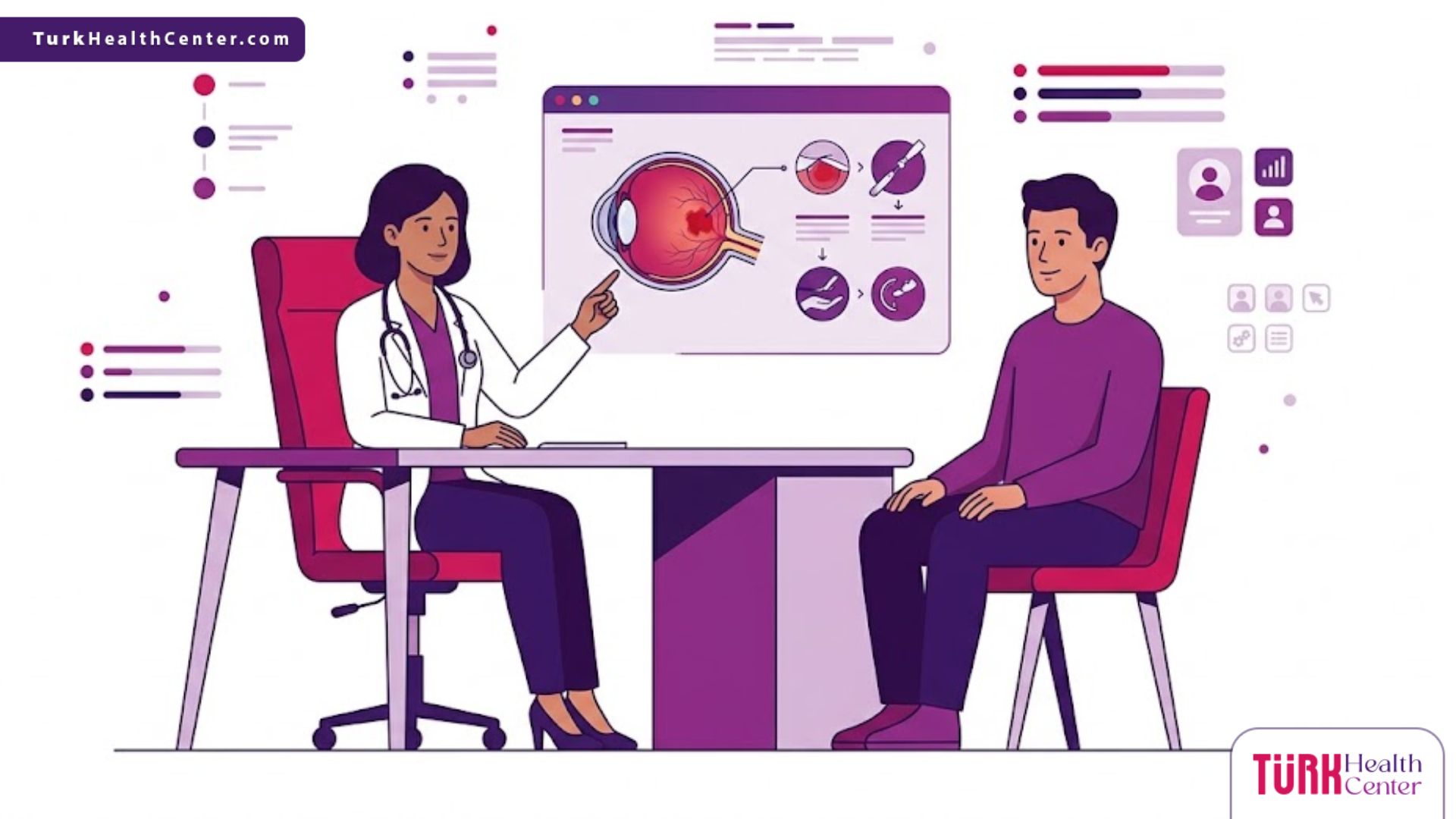 رسم توضيحي يظهر طبيب عيون يشرح تفاصيل وسعر عملية نزيف الشبكية في تركيا لمريض داخل عيادة فاخرة 