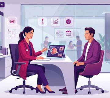 رسم توضيحي يظهر طبيب عيون يناقش خطة العلاج مع مريض داخل مستشفى عيون قريب في إسطنبول بتصميم عصري 