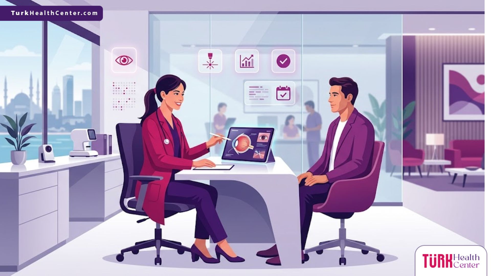 رسم توضيحي يظهر طبيب عيون يناقش خطة العلاج مع مريض داخل مستشفى عيون قريب في إسطنبول بتصميم عصري
