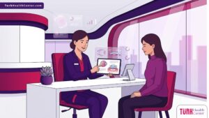 رسم توضيحي لعيادة طبية حديثة يشرح فيها الطبيب سعر العدسات اللاصقة الطبية الدائمة للمريض بأسلوب احترافي 