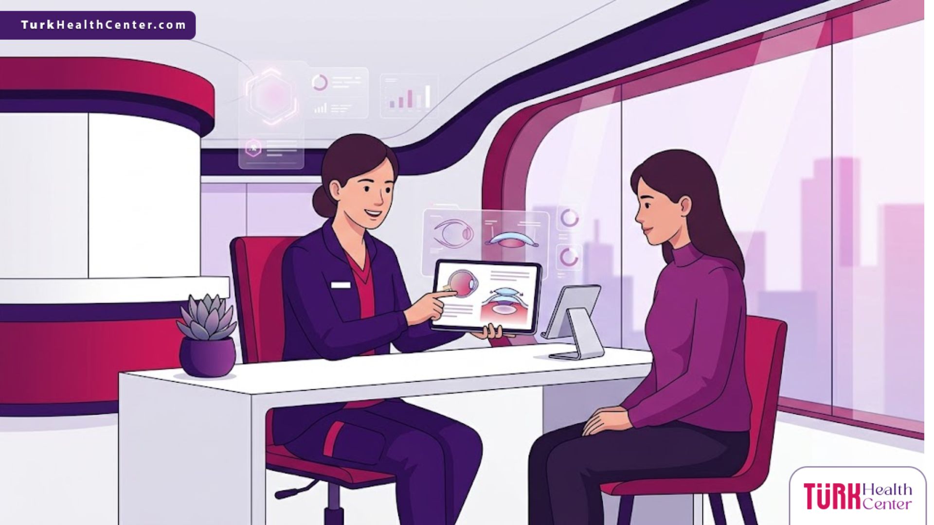 رسم توضيحي لعيادة طبية حديثة يشرح فيها الطبيب سعر العدسات اللاصقة الطبية الدائمة للمريض بأسلوب احترافي