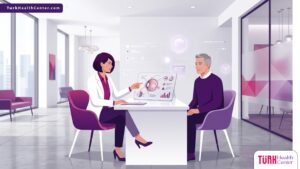 رسوم توضيحية حديثة لطبيب يشرح مخاطر علاج الجلوكوما في تركيا لمريض في عيادة عيون فاخرة 