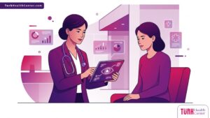 رسم توضيحي يظهر طبيب يشرح سعر عملية المياه البيضاء بالمنظار في تركيا لمريض داخل عيادة عصرية متطورة 