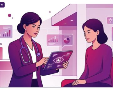 رسم توضيحي يظهر طبيب يشرح سعر عملية المياه البيضاء بالمنظار في تركيا لمريض داخل عيادة عصرية متطورة 