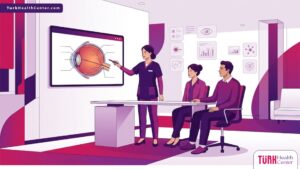 رسوم توضيحية فاخرة لطبيب عيون يشرح مخاطر عملية الماء الأبيض في تركيا للمريض داخل عيادة متطورة 