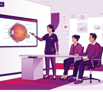 رسوم توضيحية فاخرة لطبيب عيون يشرح مخاطر عملية الماء الأبيض في تركيا للمريض داخل عيادة متطورة 