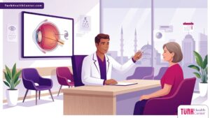 رسم توضيحي يظهر طبيب عيون يشرح خطوات العملية في مستشفى لعلاج الكاتاراكت في تركيا بأسلوب عصري 