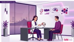 رسم توضيحي يظهر طبيب يشرح تفاصيل سعر العين الصناعية التجميلية في تركيا لمريض داخل عيادة عيون حديثة 