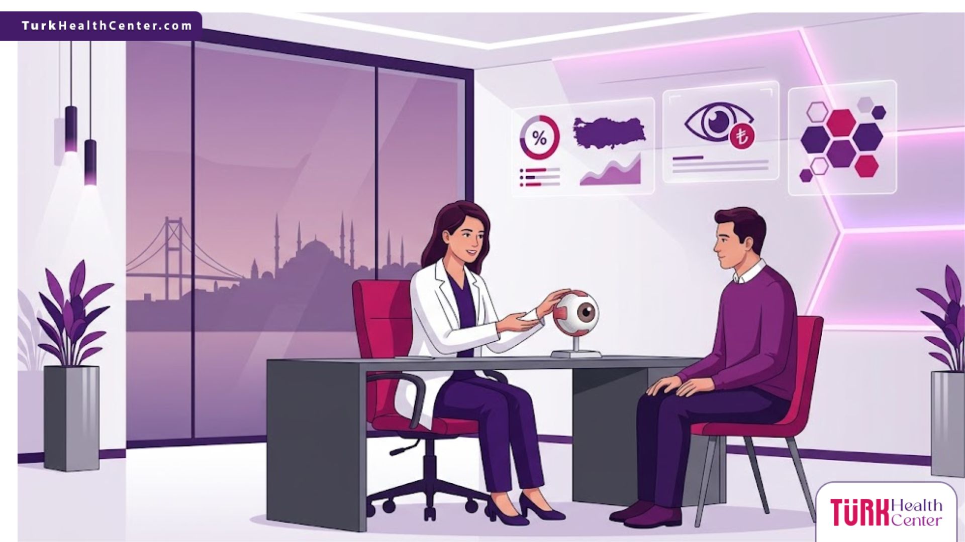 رسم توضيحي يظهر طبيب يشرح تفاصيل سعر العين الصناعية التجميلية في تركيا لمريض داخل عيادة عيون حديثة 