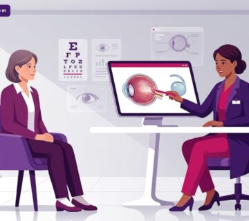 رسوم توضيحية لعيادة طب عيون حديثة تناقش سعر عملية المياه البيضاء في إسطنبول مع مريض 