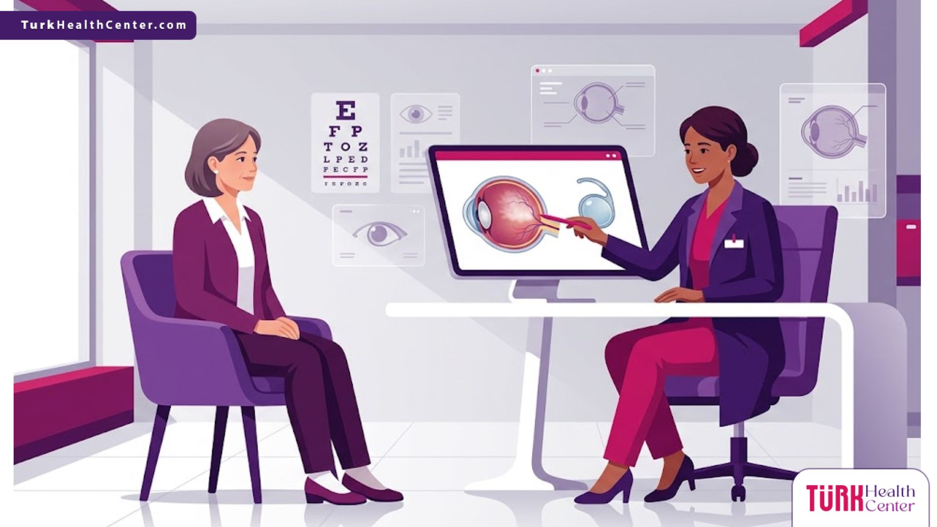 رسوم توضيحية لعيادة طب عيون حديثة تناقش سعر عملية المياه البيضاء في إسطنبول مع مريض 